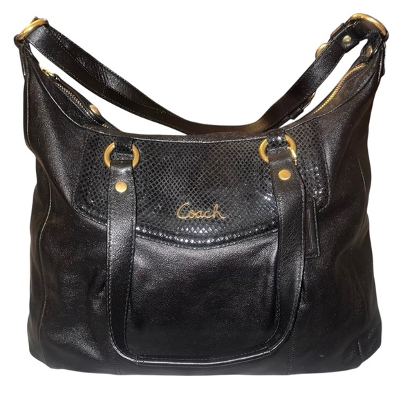 EUC Coach Vintage Black Leather Shoulder Bag with Gold Hardware Croc Detail - Picture 1 of 16